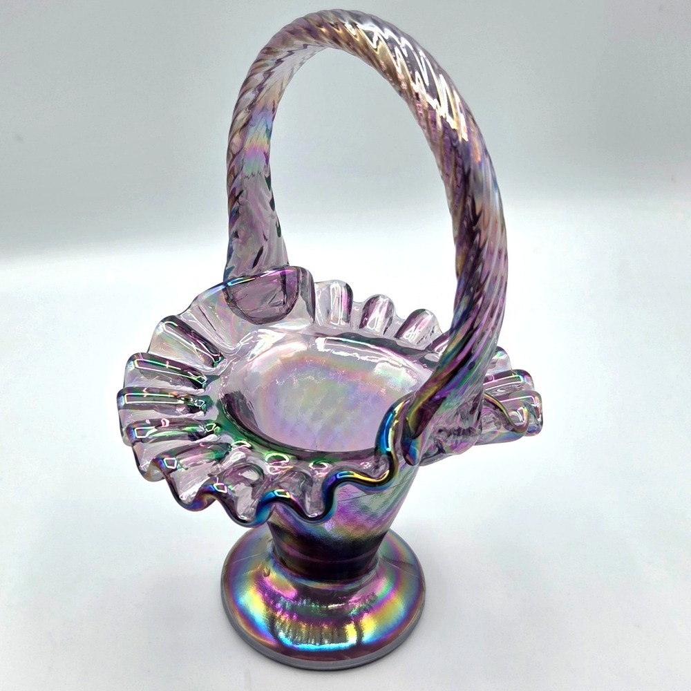 Fenton Violet Purple Carnival Glass Basket  6 1/2 " Tall Rope Handle VINTAGE